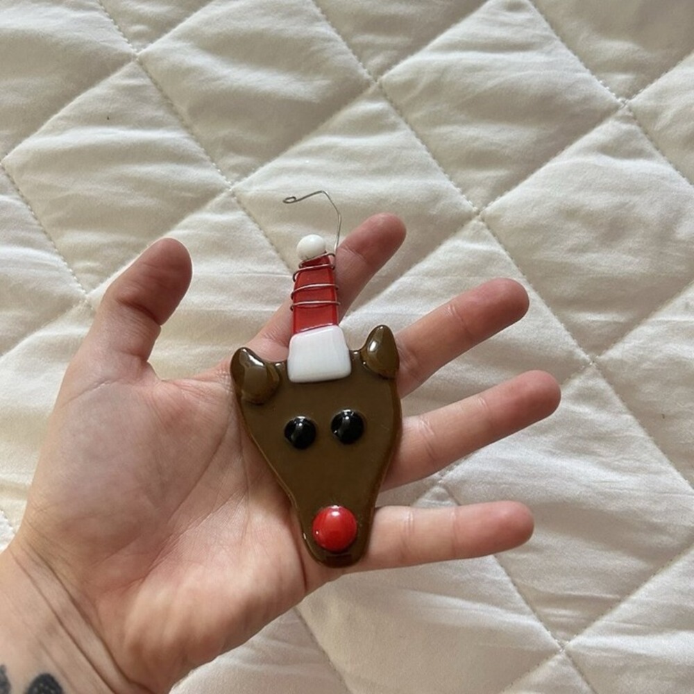 Handmade Fused Glass Reindeer Christmas Ornament Red Nose Santa Hat Brown 4.25in